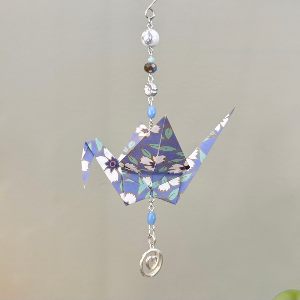 Origami Ornament #2424 - Large Crane with Heart Pendant